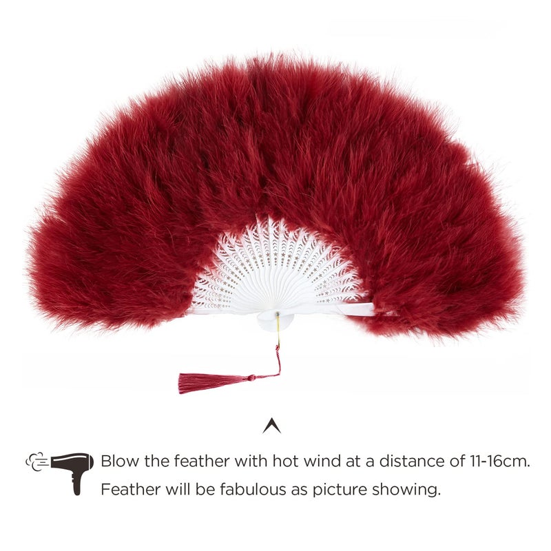 BABEYOND Marabou Feather Fan 20s Vintage Folding Fan Flapper Hand Fan for Costume Dancing Show Tea Party Wedding Decoration (Wine Red) - Image 5